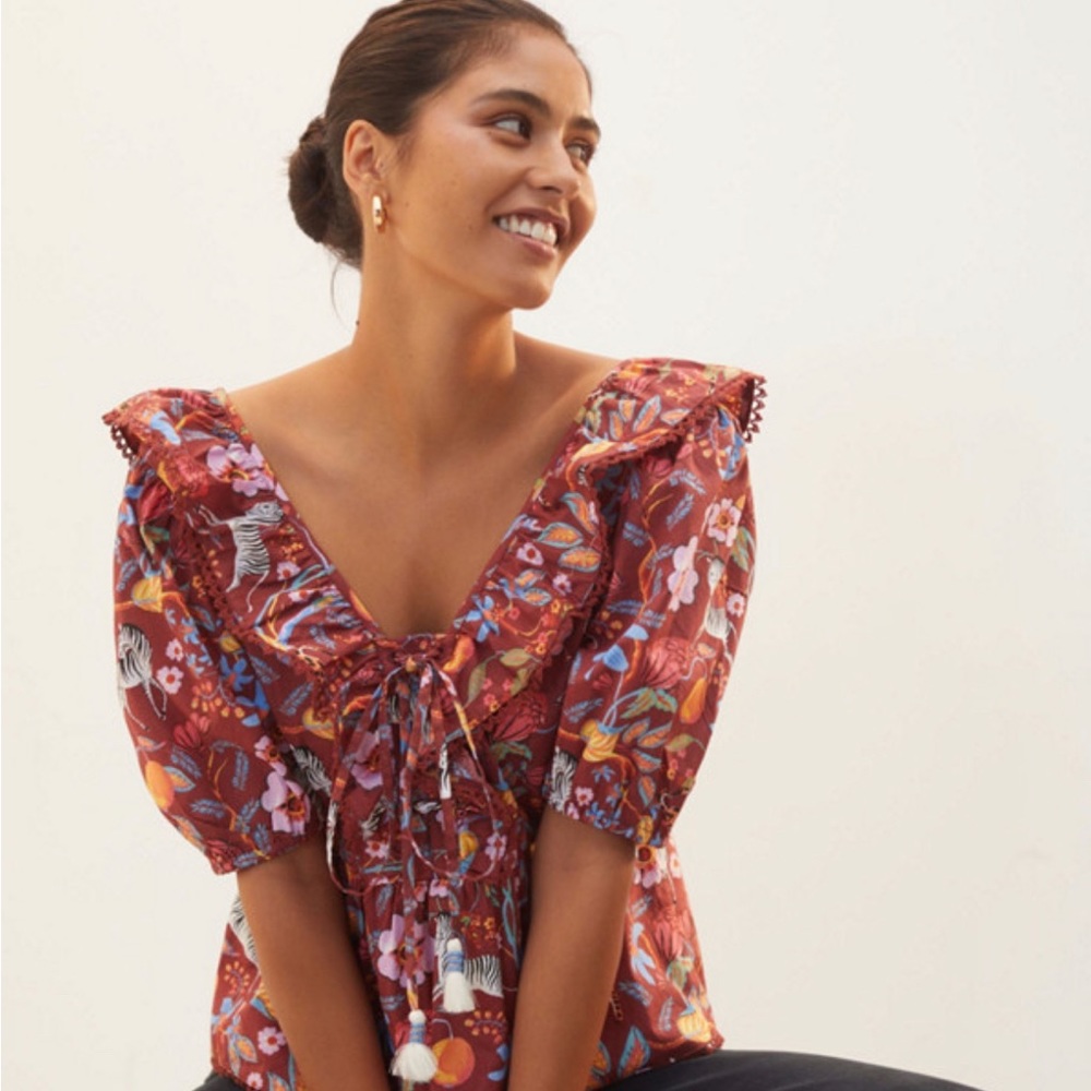 Maeve Anthropologie Ruffler Tie Front Blouse Top - Animals